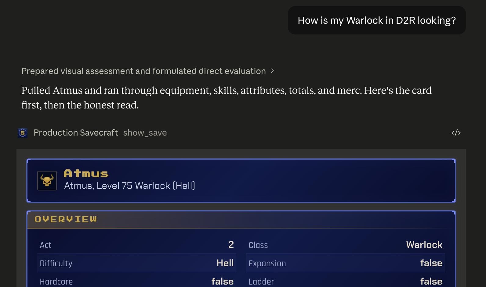 Claude reading Atmus, a Level 75 Warlock in Hell difficulty Act 2 -- the character card parsed straight from the .d2s save