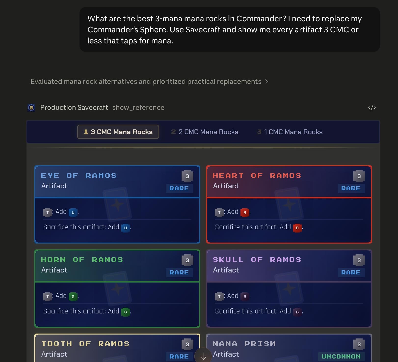 Claude recommending 3-CMC mana rocks for Commander — tabbed grid of Eye / Heart / Horn / Skull / Tooth of Ramos colored by mana identity