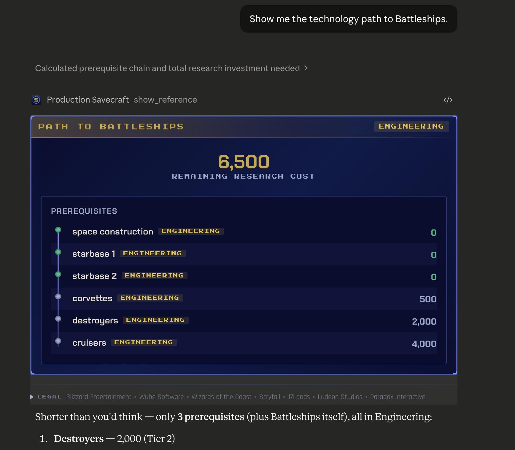 Stellaris tech path to Battleships — prerequisite chain with 6,500 remaining research cost, Engineering tier