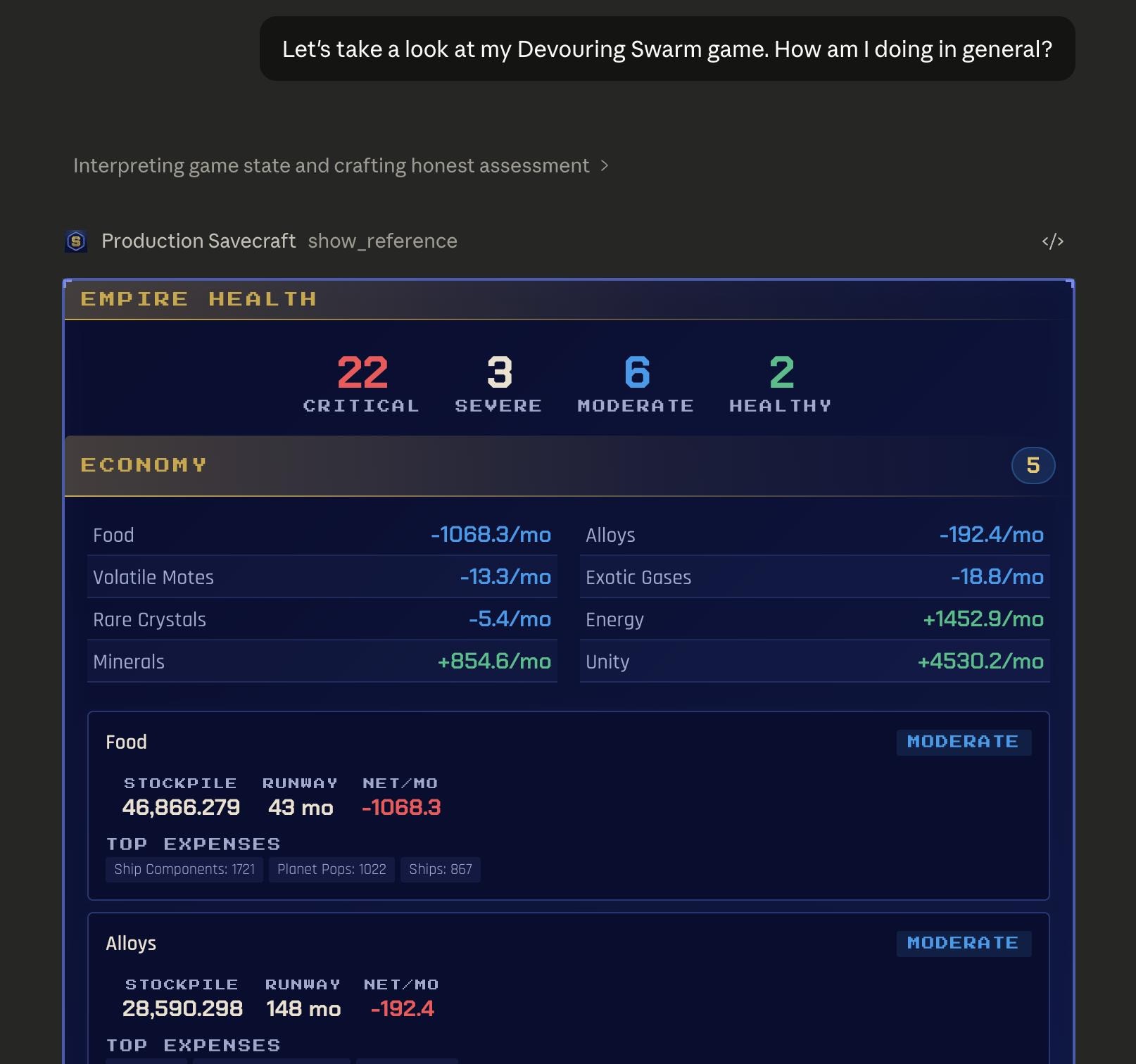 Claude auditing a Devouring Swarm empire -- 22 critical findings, food burning 1,068.3 a month with a 43-month runway, alloys negative, energy and unity healthy